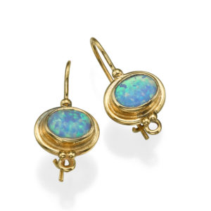 Blue Opal 14k Yellow Gold Hook Round Ethnic Oval Earrings - Baltinester Jewelry