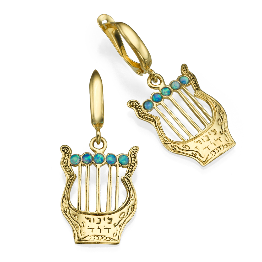 14k Gold Harp of David Opal Beads Dangle Earrings - Baltinester Jewelry
