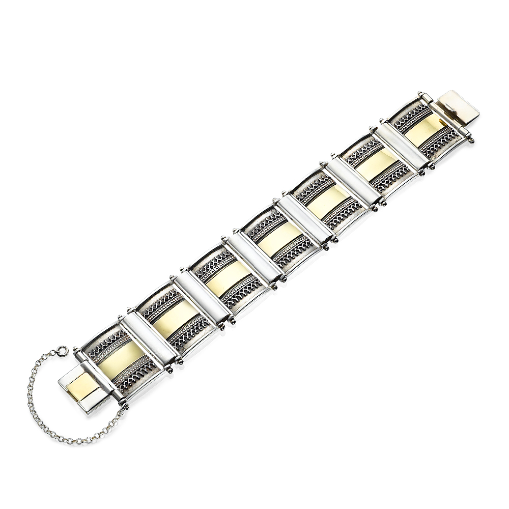 Silver and 14k Gold Yemenite Style Wide Tile Bracelet 2 - Baltinester Jewelry