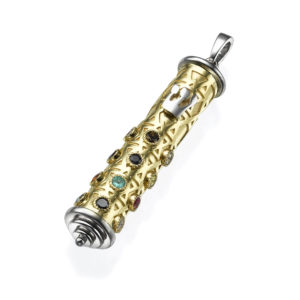 Precious Stones Talisman Two Tone Gold Mezuzah Pendant - Baltinester Jewelry