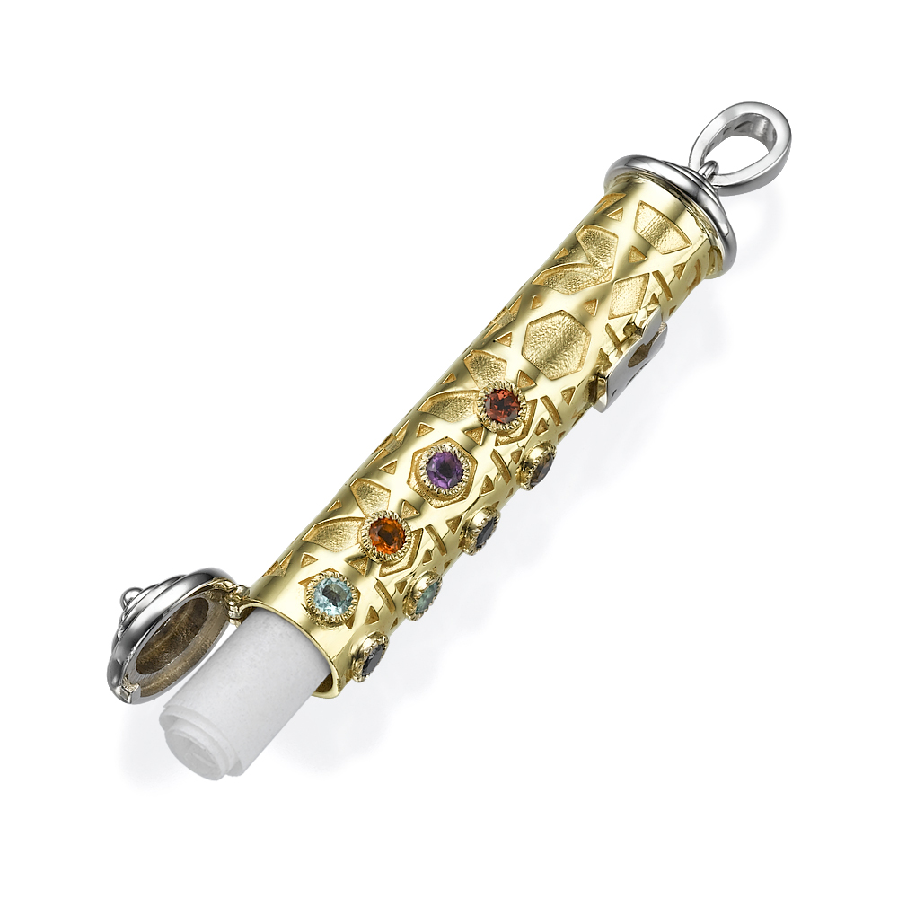 Precious Stones Talisman Two Tone Gold Mezuzah Pendant 2 - Baltinester Jewelry