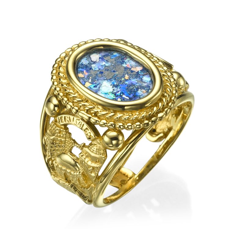 Roman Glass Jerusalem 3D Cutout Signet Ring 14k Yellow Gold - Baltinester Jewelry