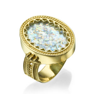 Yemenite Design 14k Gold Oval Roman Glass Ring - Baltinester Jewelry