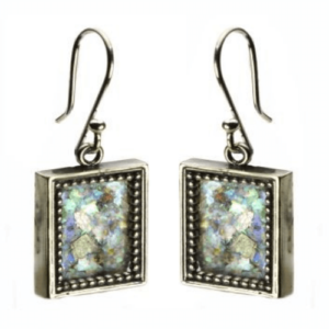 Sterling Silver Filigree Roman Glass Rectangle Earrings - Baltinester Jewelry