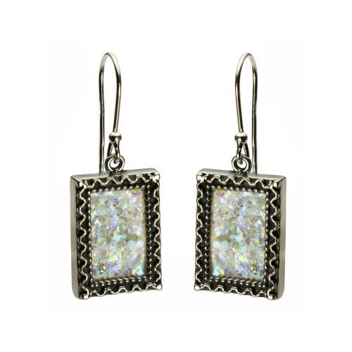 Sterling Silver Yemenite Roman Glass Rectangle Earrings - Baltinester Jewelry
