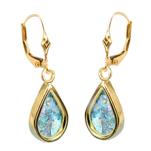 14k Gold Roman Glass Tear Drop Earrings - Baltinester Jewelry