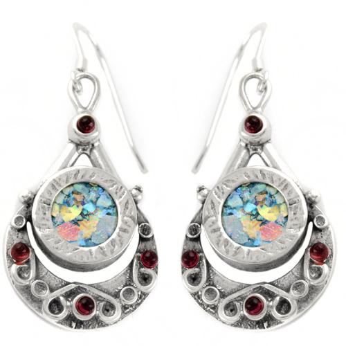 Sterling Silver Floral Garnet Roman Glass Earrings - Baltinester Jewelry