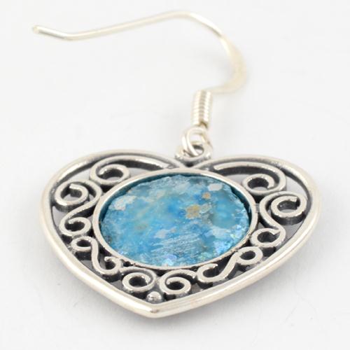 Silver Heart Shape Roman Glass Earrings 2 - Baltinester Jewelry