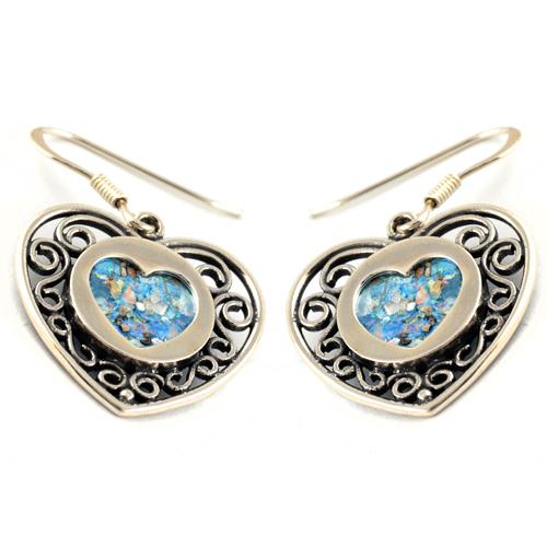 Silver Heart Shape Roman Glass Earrings - Baltinester Jewelry