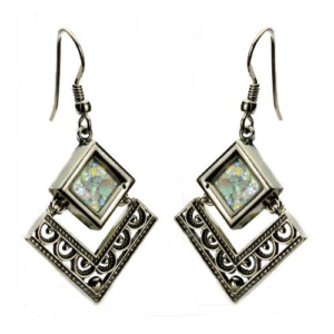 Sterling Silver Filigree Roman Glass Rhombus Earrings - Baltinester Jewelry