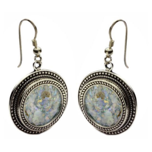 Silver Yemenite Round Roman Glass Earrings - Baltinester Jewelry