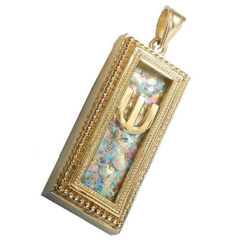 14k Gold Yemenite Roman Glass Mezuzah Pendant - Baltinester Jewelry