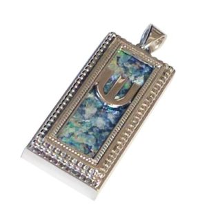 14k White Gold Yemenite Design Roman Glass Mezuzah Pendant - Baltinester Jewelry