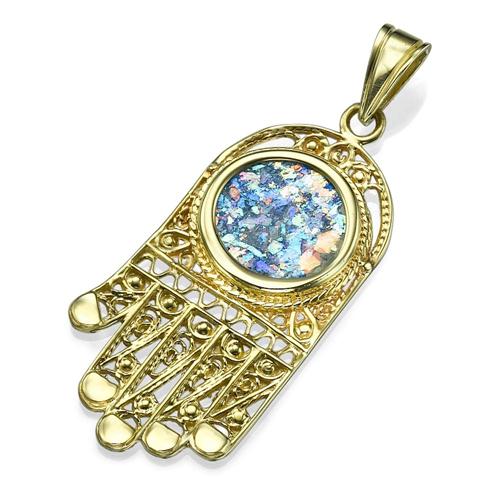 14K Yellow Gold and Roman Glass Filigree Hamsa Pendant - Baltinester Jewelry