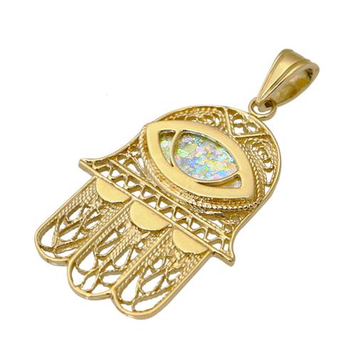 14k Gold Filigree Hamsa and Evil Eye Roman Glass Pendant - Baltinester Jewelry