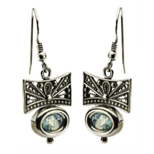 Sterling Silver Filigree Roman Glass Oval Earrings - Baltinester Jewelry