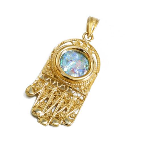 14k Gold Filigree Roman Glass Hamsa Pendant - Baltinester Jewelry