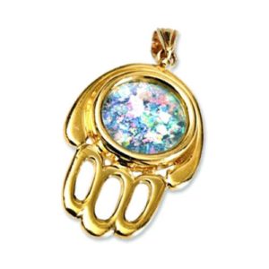 14k Gold Roman Glass Hamsa Pendant - Baltinester Jewelry