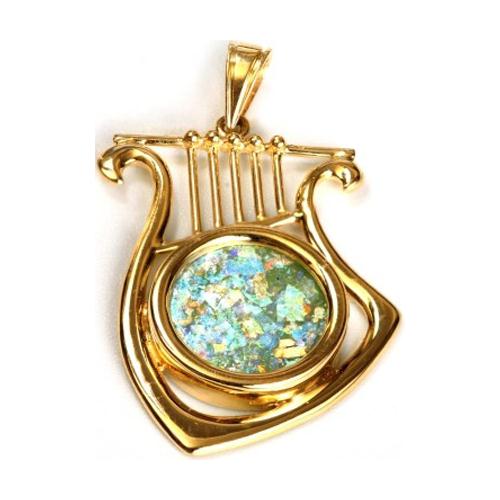 14K Gold Harp of David Roman Glass Pendant - Baltinester Jewelry