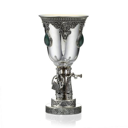 Eilat Stones and Sterling Silver Round Kiddush Cup with Hasidic Musicians - Baltinester Jewelry