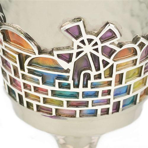 Enamel Rainbow Jerusalem Hammered Silver Stem Kiddush Cup 4 - Baltinester Jewelry