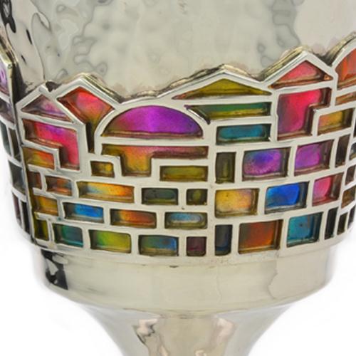 Enamel Rainbow Jerusalem Hammered Silver Stem Kiddush Cup 6 - Baltinester Jewelry