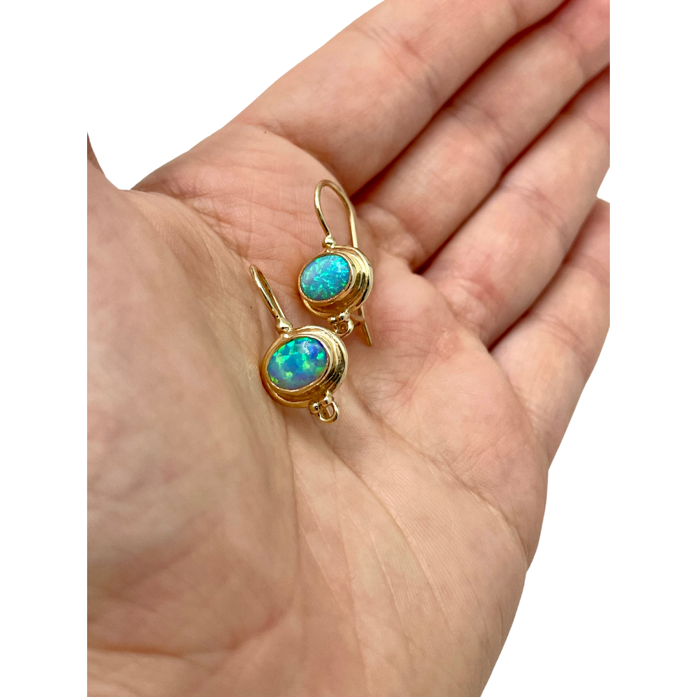 Blue Opal 14k Yellow Gold Hook Round Ethnic Oval Earrings