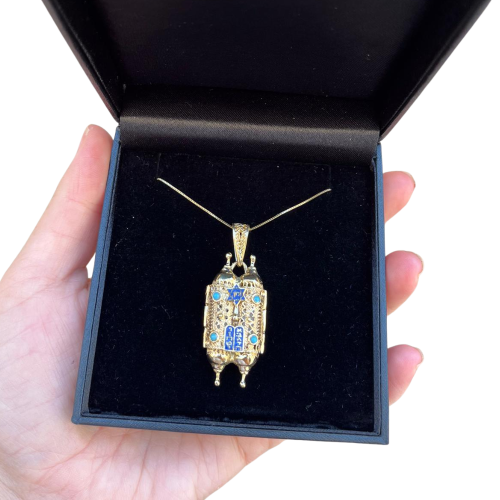 Filigree Torah Jewish Scroll Pendant in 14K Gold with Turquoise Stone Handmade Jewelry