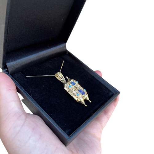 Filigree Torah Jewish Scroll Pendant in 14K Gold with Turquoise Stone Handmade Jewelry