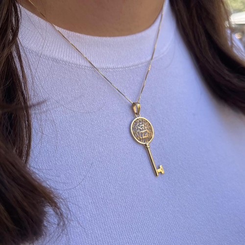 Gold Key Pendant with Shema Israel, Solid 14k Gold
