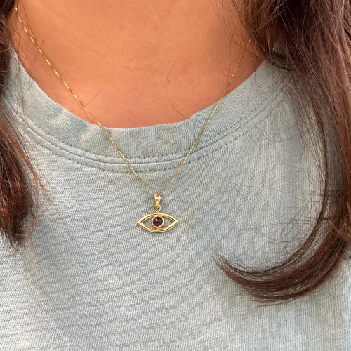 Authentic Garnet Evil Eye Pendant in 14k Gold