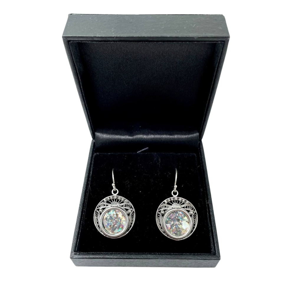 Sterling Silver Filigree Roman Glass Circles Earrings