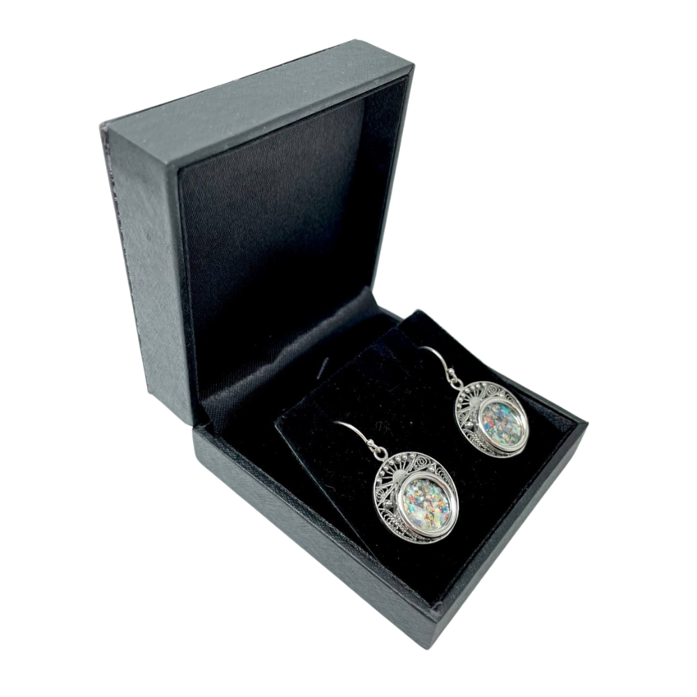 Sterling Silver Filigree Roman Glass Circles Earrings