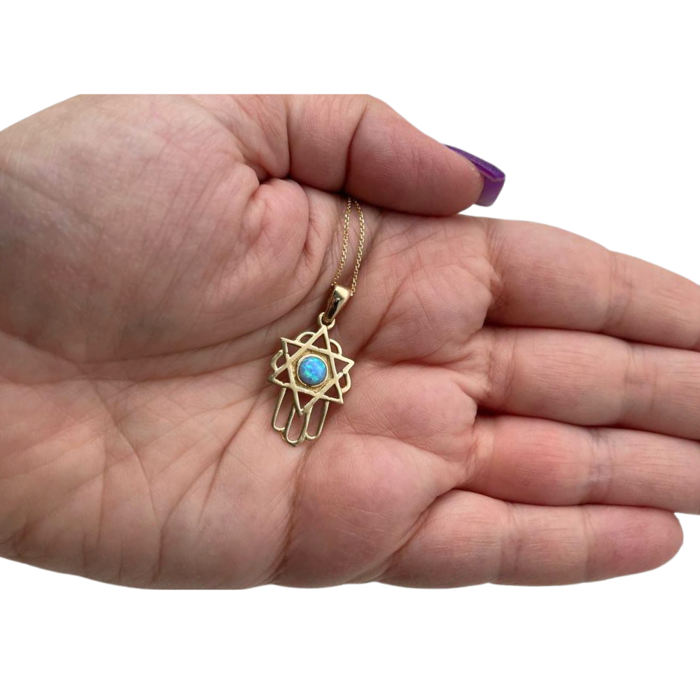 Blue Opal Hamsa Star of David 14k Gold Pendant