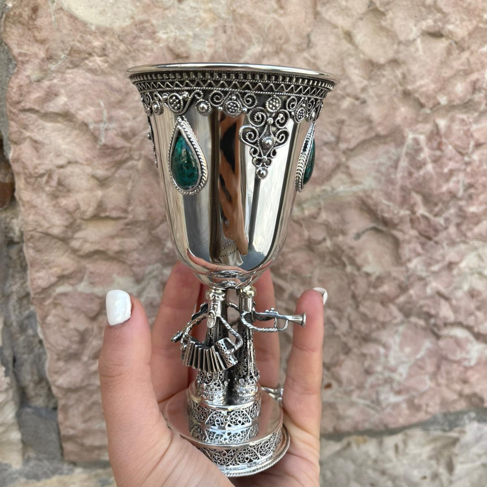 Round Kiddush Cup with Hasidic Musicians - Eilat Stones and Sterling Silver