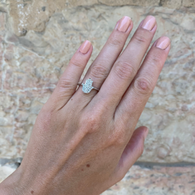 Diamond Hamsa Ring, 14k White Gold Ring, Dainty Hamsa Ring, Diamond Studded Hamsa Hand, Jewish Ring, Stacking Ring, Women's Rings