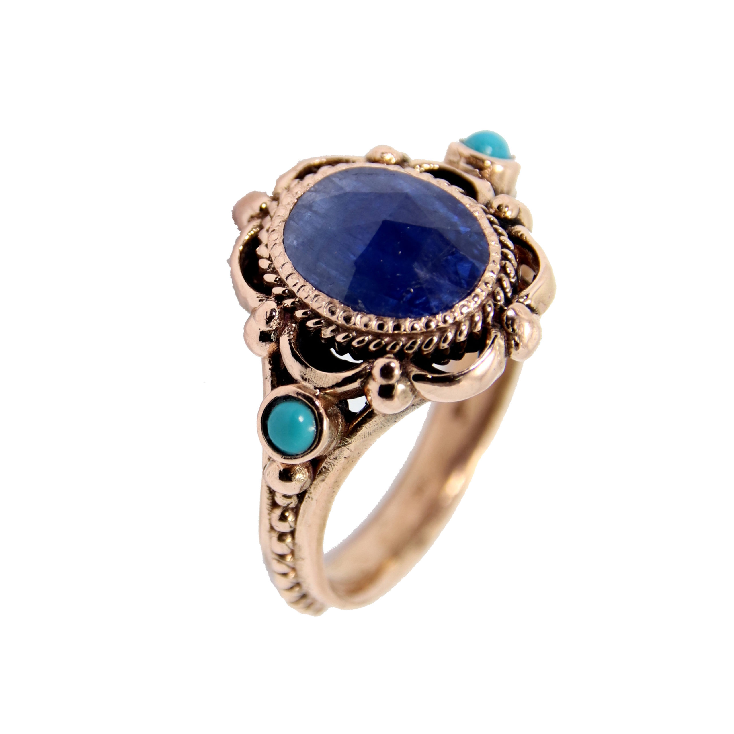 Raw Sapphire & Turquoise Rose Gold Ring - Baltinester Jewelry