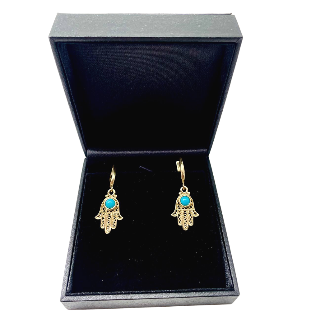 Turquoise Hamsa Earrings in 14k Gold