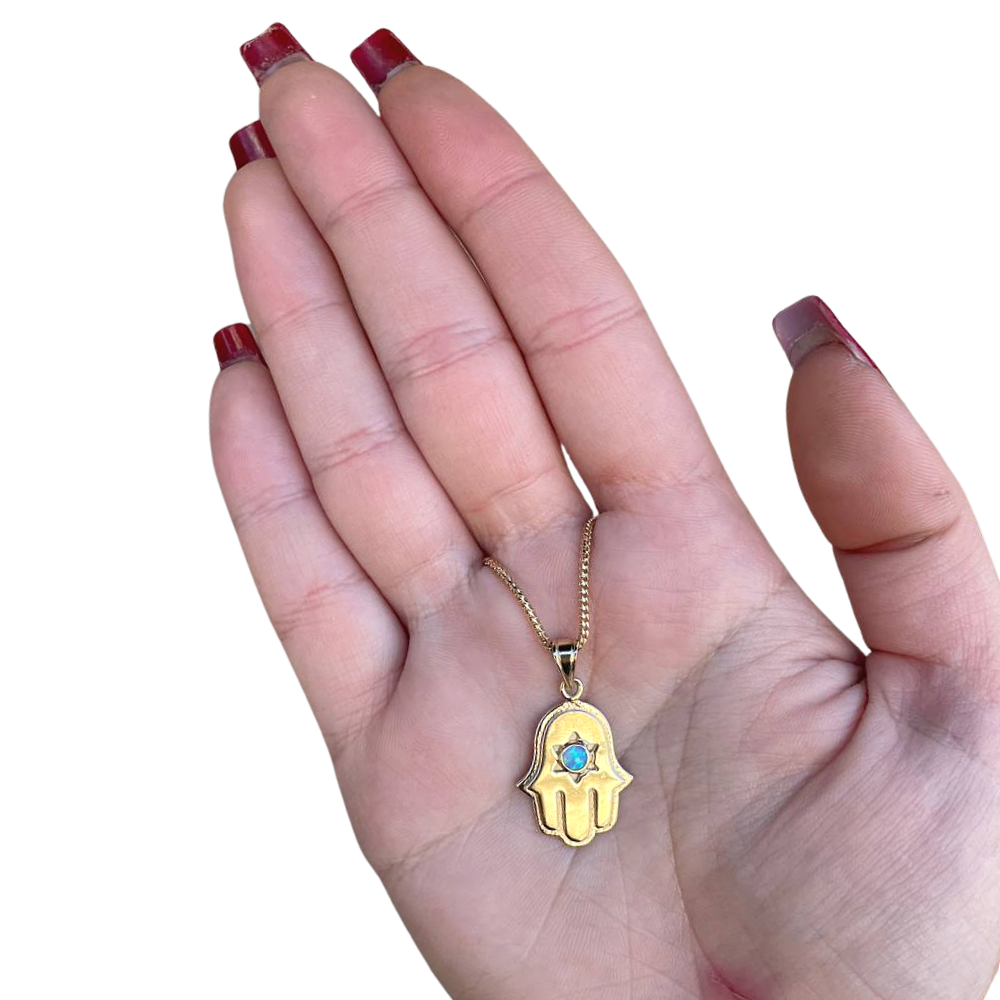 14K Yellow Gold Hamsa and Star of David Pendant with Opal Stone