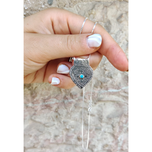 Holiness of Ha’ari Kabbalah Necklace in Gold and Silver with Turquoise, Classic Jewish Kabbalah Pendant Chain Set, Hamsa Jewelry from Israel
