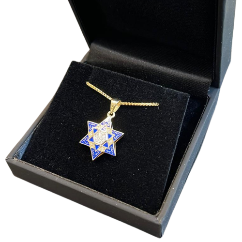 14K Yellow Gold Diamond Multi Star of David Pendant with Blue Enamel