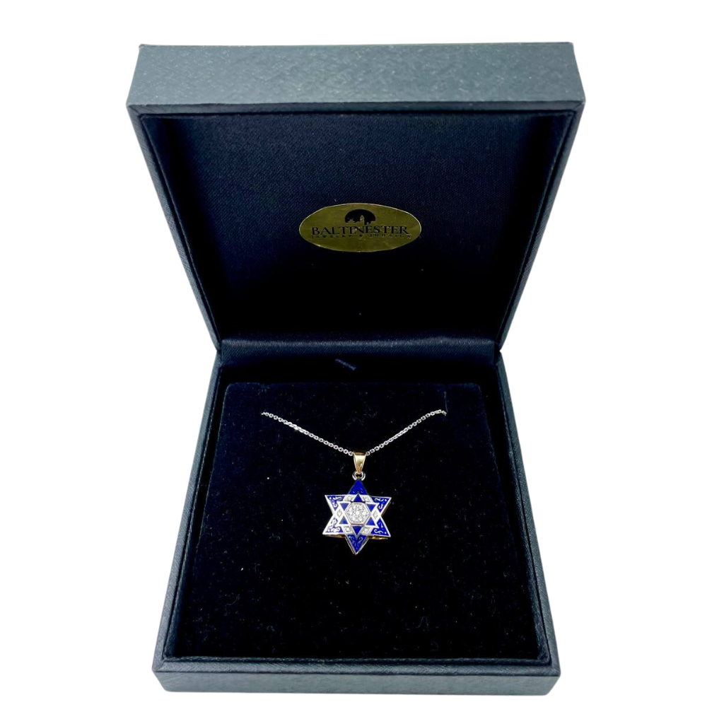 Multi Star of David Pendant in 14K White Gold Diamond with Blue Enamel