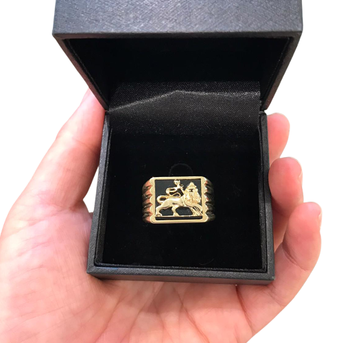 Bob Marley Style Lion of Judah Signet Ring in 14k Gold with Onyx