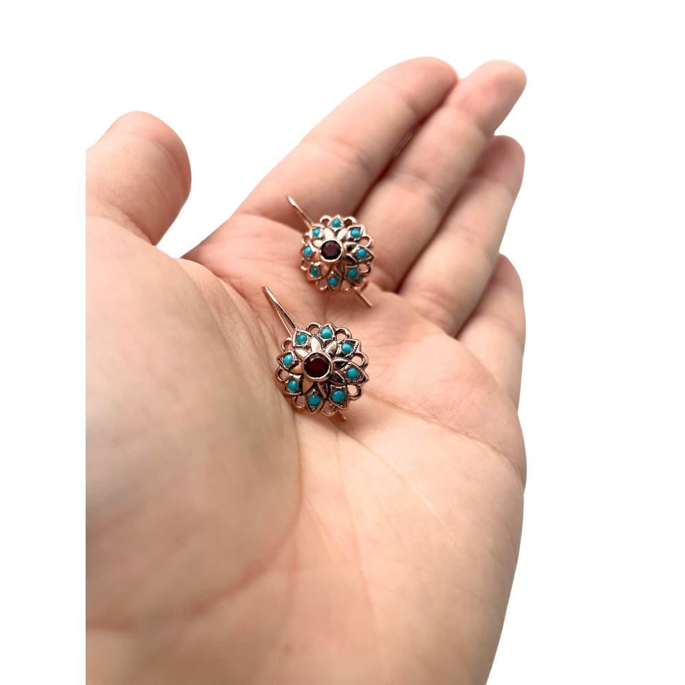 14K Rose Gold Vintage Style Flower Earrings with Garnet and Turquoise