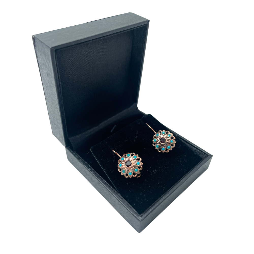 14K Rose Gold Vintage Style Flower Earrings with Garnet and Turquoise