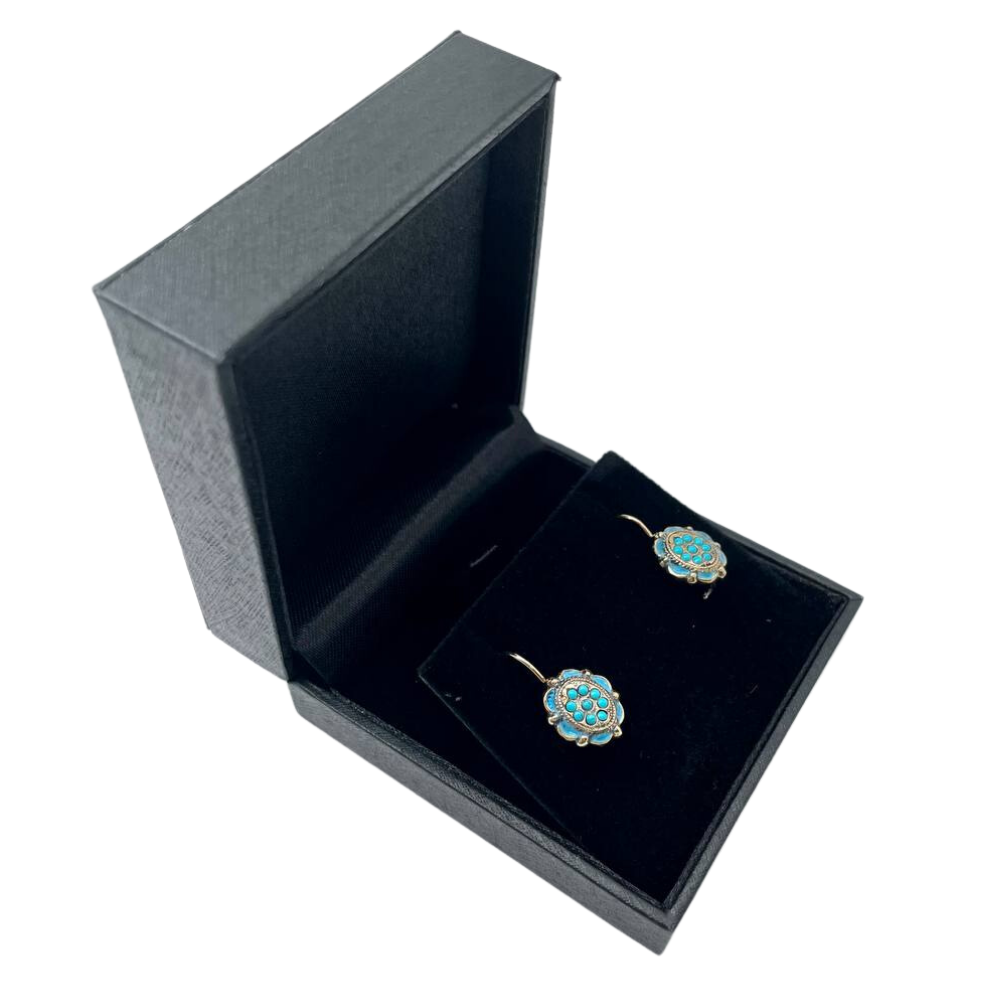 Vintage Style Earrings, 14K Yellow Gold with Natural Turquoise Stones