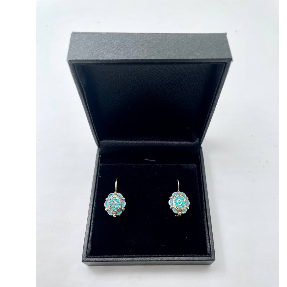 Vintage Style Earrings, 14K Yellow Gold with Natural Turquoise Stones