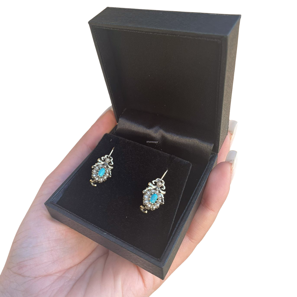 Vintage Style 14k Gold Flower Earrings with Turquoise and Pearl