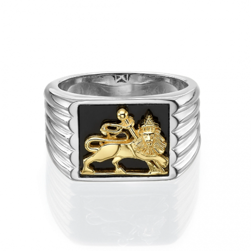 Silver & 14K Gold Onyx Lion of Judah Ring