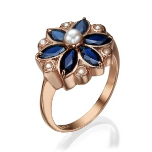 14K Rose Gold Vintage Style Ring with Sapphires and Pearls